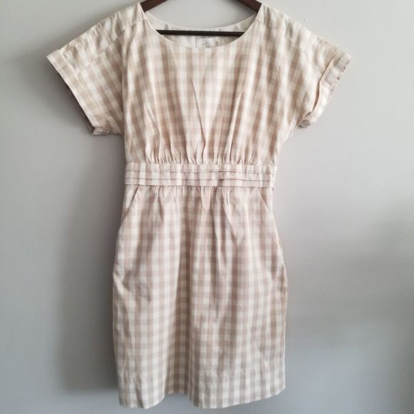 Anthropologie HD In Paris Neutral Sand Tone Checkered Mini Dress Size 2 - Picture 3 of 10